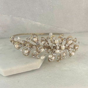 Antique Gold Freshwater Pearl & Diamante Wedding Headband | Gold Bridal Headpiece | Esme