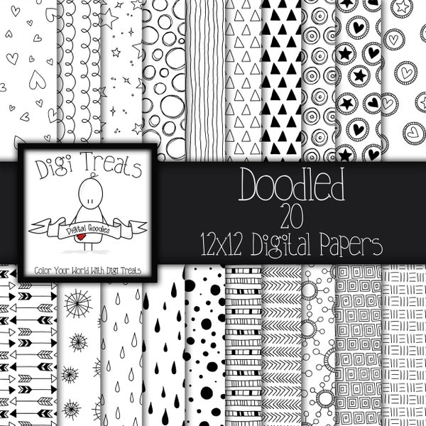 Doodled Digital scrapbook paper. scrapbooking papers, JPEG 12"x12", Black and White digital papers. INSTANT DOWNLOAD