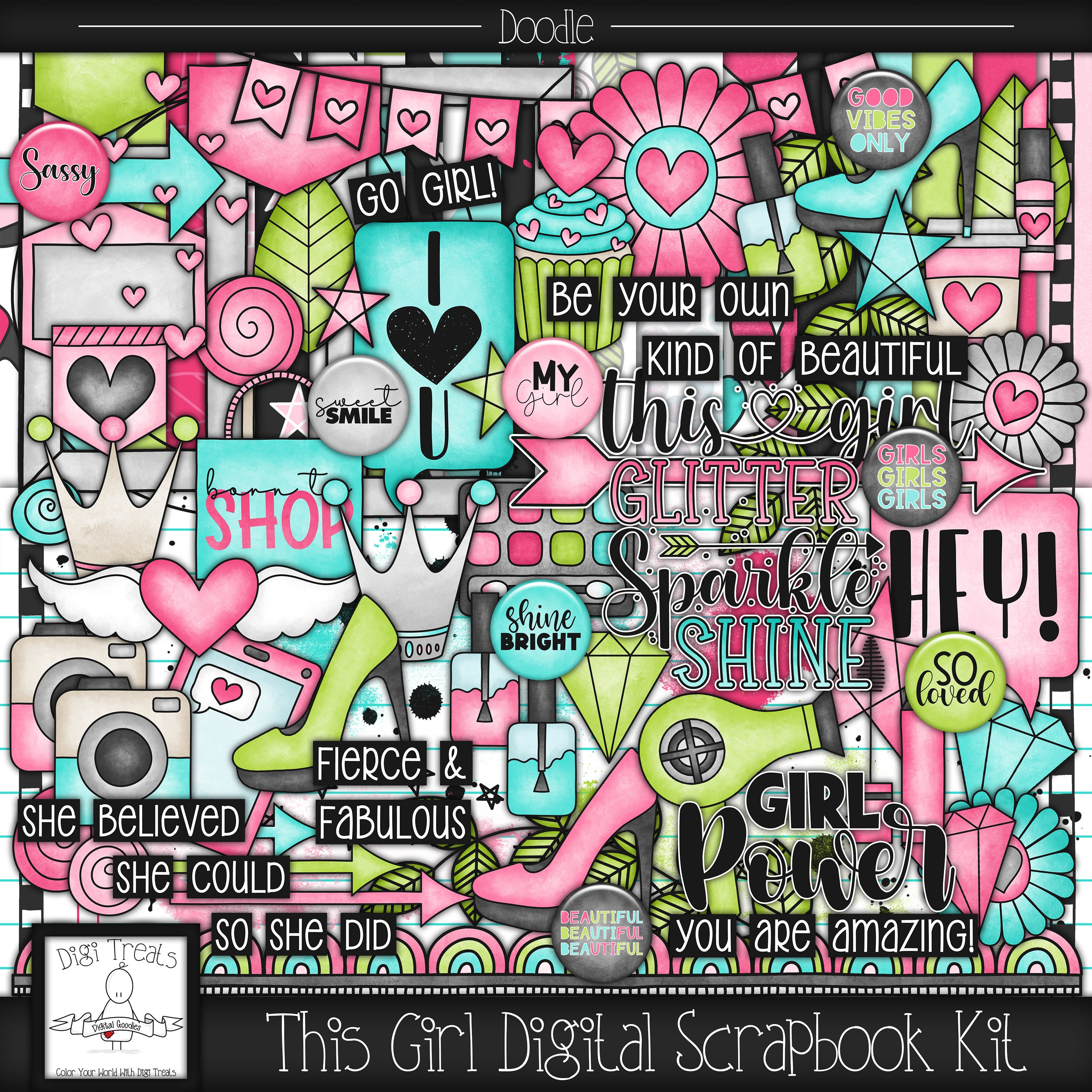 This Girl Digital Scrapbook Kit. Girls Themed Doodle Scrapbook Kit, Digital  Papers, Clip Art, Word Tags and More. INSTANT DOWNLOAD 