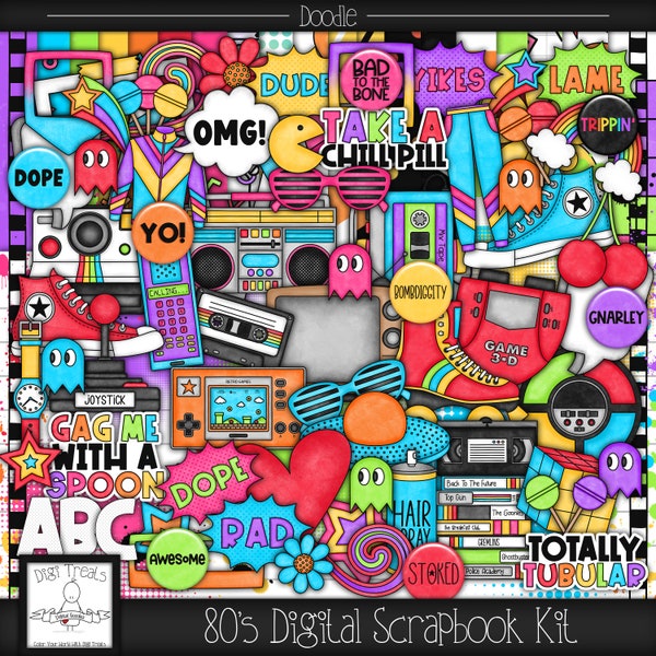 80s  Doodle Digital Scrapbook Kit.  1980s Themed Scrapbook Kit, Digital Papers, Clip Art, Word Tags and More. **INSTANT DOWNLOAD***