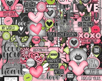 Lots Of Love Digital Scrapbook Kit.  Love Themed Doodle Scrapbook Kit, Digital Papers, Clip Art, Word Tags and More. **INSTANT DOWNLOAD***