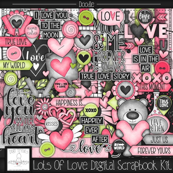 Lots Of Love Digital Scrapbook Kit.  Love Themed Doodle Scrapbook Kit, Digital Papers, Clip Art, Word Tags and More. **INSTANT DOWNLOAD***