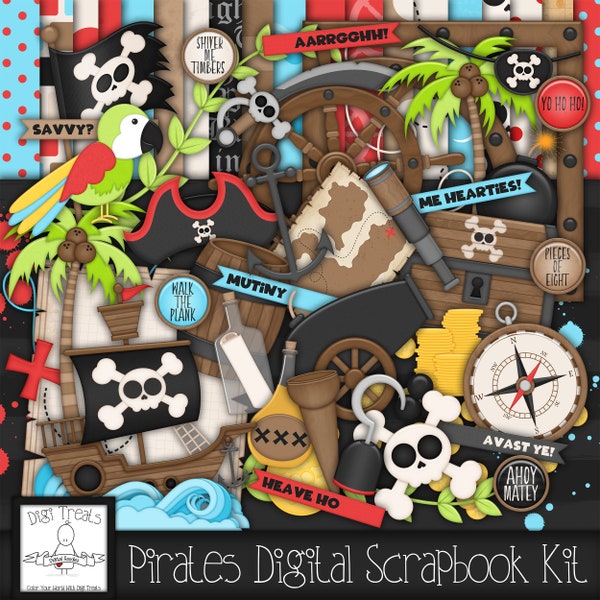 Kit Scrapbook digitale pirati.  Pirate Thembook Kit, Digital Papers, ClipArt, Tag Word e altro ancora. DOWNLOAD ISTANTANEO