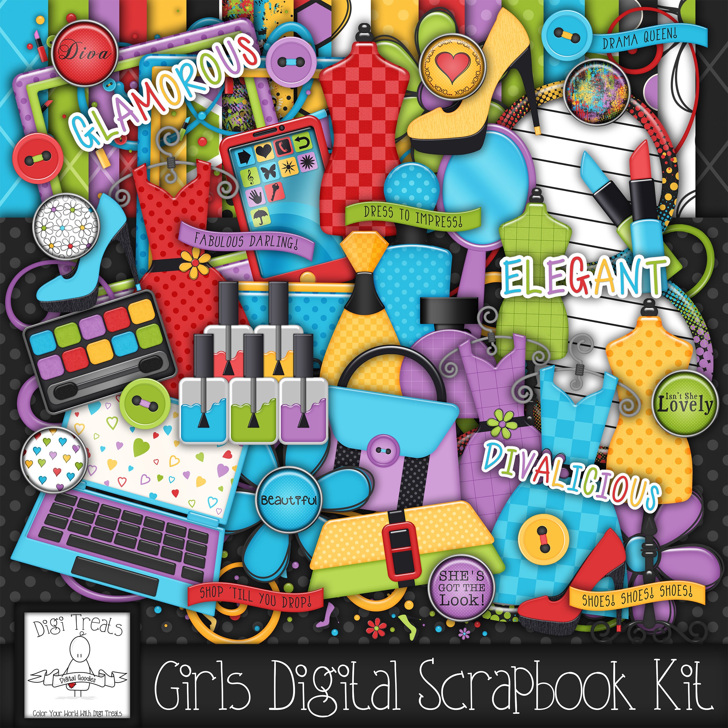Divalicious Digital Scrapbook Kit. Girls, Teens Themed Scrapbook