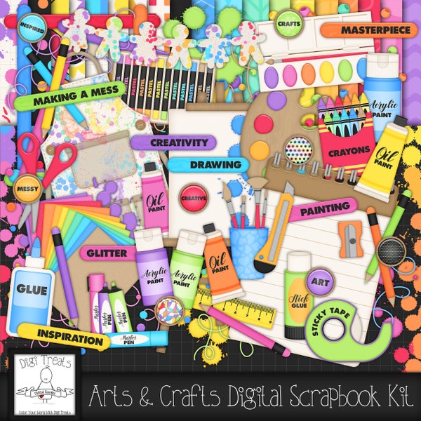 Arts And Crafts Digital Scrapbook Kit.  Art and Crafting Themed Scrapbook Kit, Digital Papers, Clip Art, Words and More. *INSTANT DOWNLOAD*