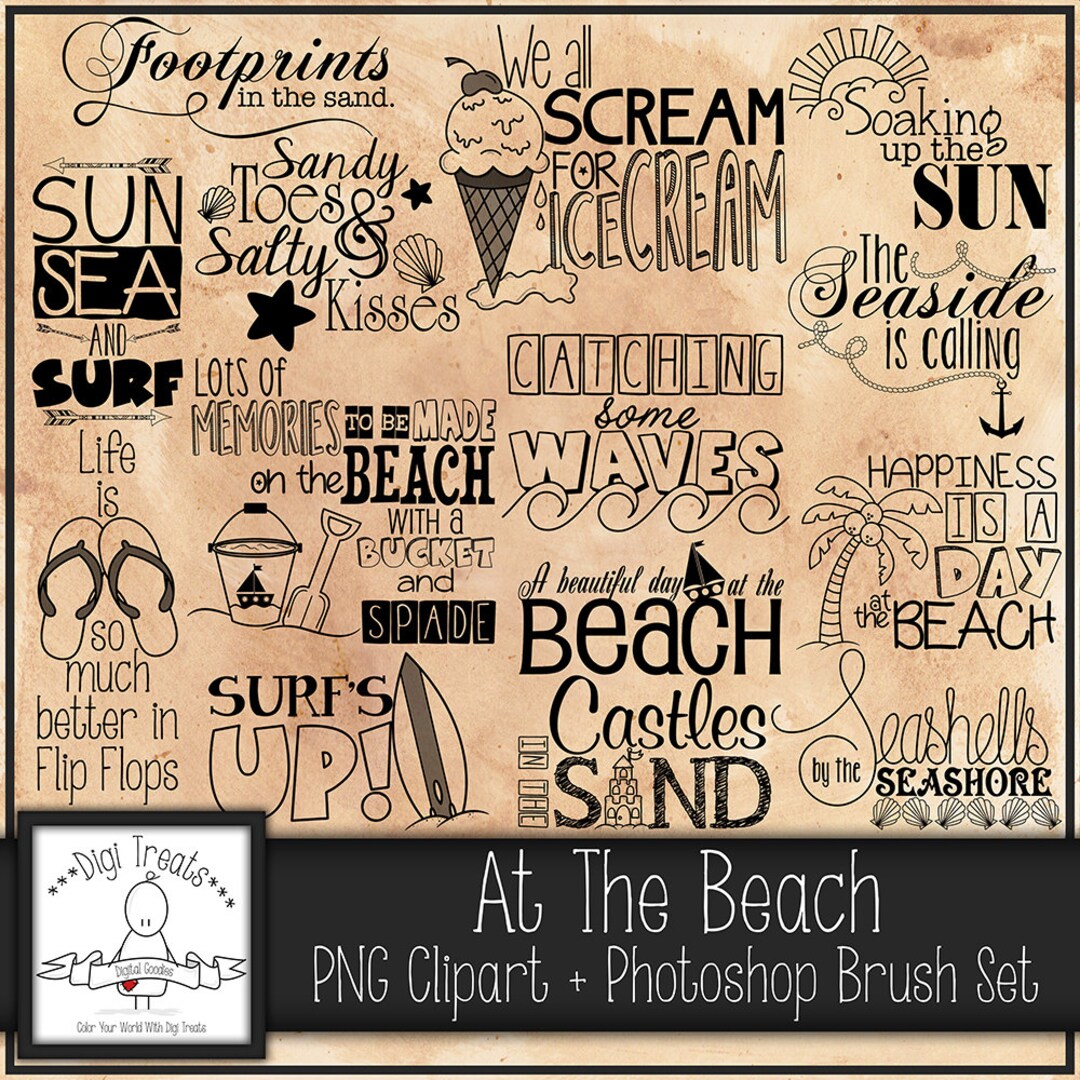 At the Beach Word Art PNG Clip Art Photoshop Brush Set, Summer Beach