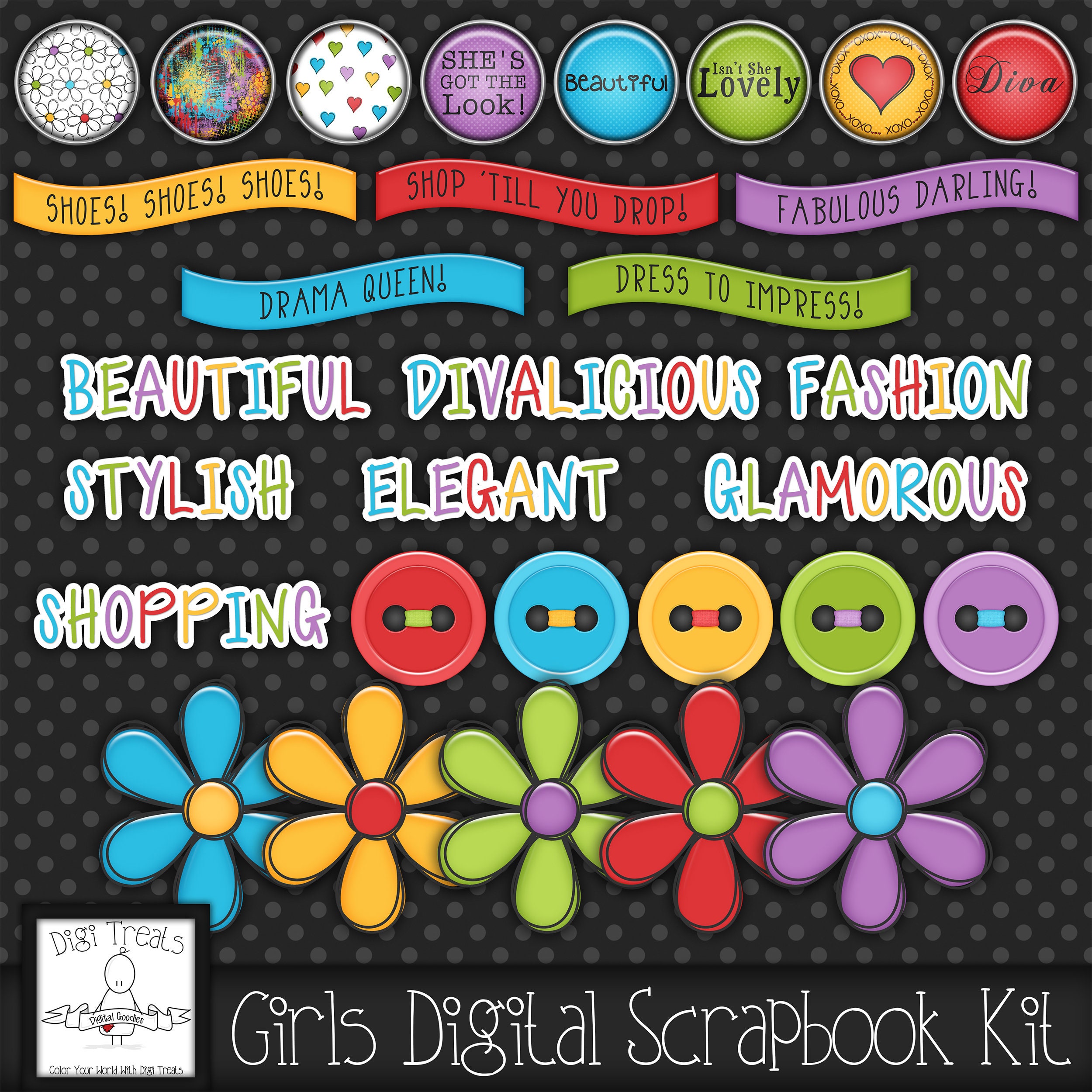 Divalicious Digital Scrapbook Kit. Girls, Teens Themed Scrapbook