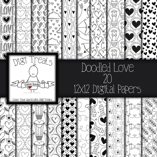 Doodled Love Digital scrapbook paper. scrapbooking papers, JPEG 12"x12", Black and White digital papers. INSTANT DOWNLOAD