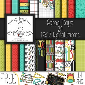 School Days + FREE GIFT Clip Art, digital scrapbook paper pack. 12"x12" (jpeg) digital papers, backgrounds ***instant download***