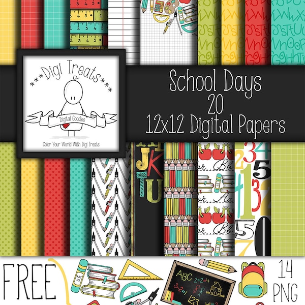 Schultage + GRATIS GESCHENK Clip Art, digitales Scrapbook Papier pack. 12"x12" (jpeg) digitale Papiere, Hintergründe ,Instant Download**