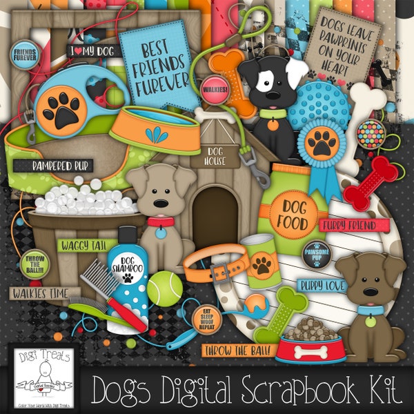 Dog Digital Scrapbook Kit.  Dog Themed Scrapbook Kit, Digital Papers, Clip Art, Words and More. **INSTANT DOWNLOAD***