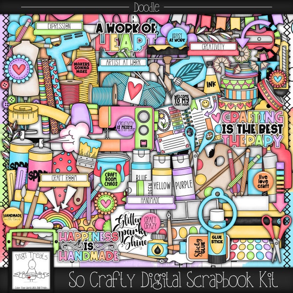 So Crafty Doodle Digital Scrapbook Kit.  Crafting Themed Scrapbook Kit, Digital Papers, Clip Art, Word Tags & More. *INSTANT DOWNLOAD*