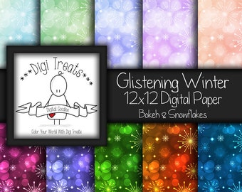 Glinsterende Winter, 12 x 12 digitale Scrapbook papier, Bokeh & Snowflake Scrapbook papier, kaart maken, Winter, kerst ambachten, Instant Download