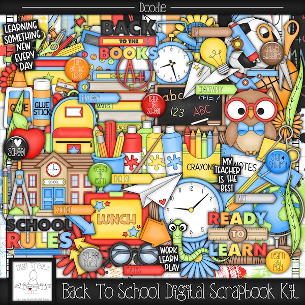 Back To School Doodle Digital Scrapbook Kit. Crafting Themed Scrapbook Kit, Digital Papers, Clip Art, Word Tags & More. *INSTANT DOWNLOAD*