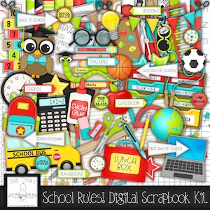 School Rules! Scrapbook Kit.  School Themed Scrapbook Kit, Digital Papers, Clip Art, Words and More. **INSTANT DOWNLOAD***