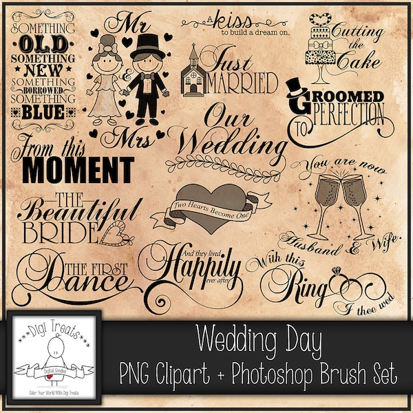 Wedding Day Word Art (PNG Clip Art) + Photoshop Brush Set, Digital, Scrapbooking, Card making, Phrases ~ Instant Download