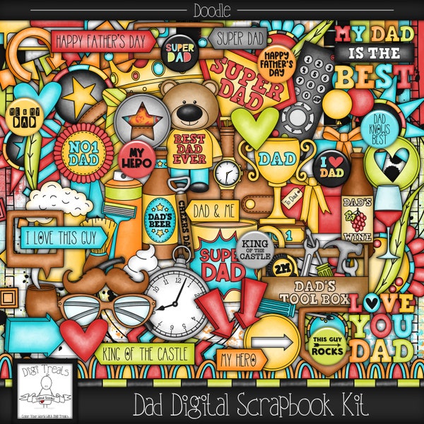 Dad Digital Scrapbook Kit.  Dad Themed Doodle Scrapbook Kit, Digital Papers, Clip Art, Word Tags and More. **INSTANT DOWNLOAD***