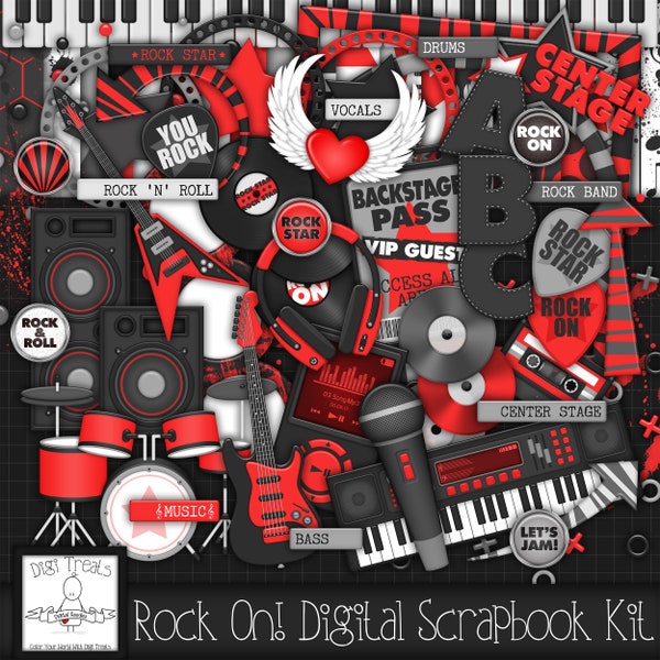 Rock On Digital Scrapbook Kit. Music, Rock 'n' Roll Themed Scrapbook Kit, Digital Papers, Clip Art, Word Tags and More. *INSTANT DOWNLOAD*
