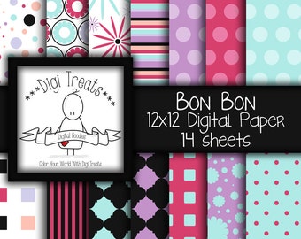 Digital Scrapbook Paper, Bright colored, patterned paper, pink, purple, blue, Scrapbooking, Card Making, Digital paper, Instant Download