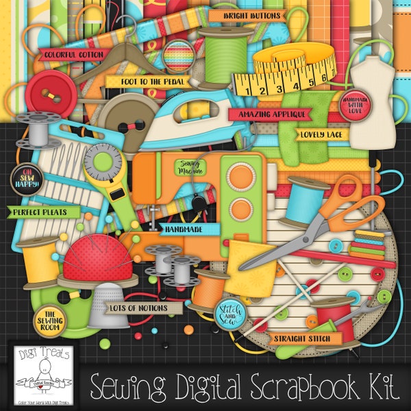 Sewing Digital Scrapbook Kit.  Sewing Themed Scrapbook Kit, Digital Papers, Clip Art, Words and More. **INSTANT DOWNLOAD***