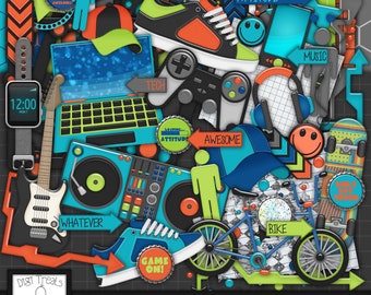 Boys Digital Scrapbook Kit. Boys, Teens Themed Scrapbook Kit, Digital Papers, Clip Art, Word Tags and More. **INSTANT DOWNLOAD***