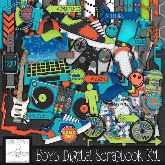 Boys Digital Scrapbook Kit. Boys, Teens Themed Scrapbook Kit, Digital  Papers, Clip Art, Word Tags and More. INSTANT DOWNLOAD 