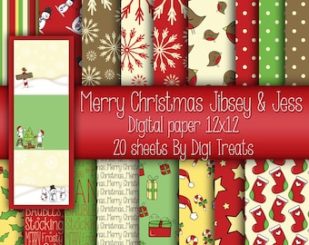 Merry Christmas Jibsey & Jess Digital Paper Pack, Scrapbooking Paper, Christmas Craft, Card Making, Digital Paper, Instant Download.