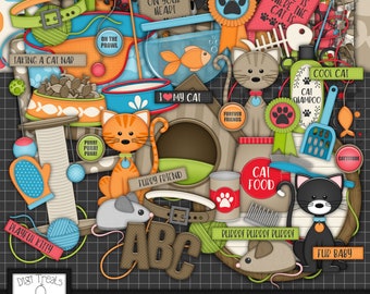 Cat Digital Scrapbook Kit.  Cat Themed Scrapbook Kit, Digital Papers, Clip Art, Words and More. **INSTANT DOWNLOAD***