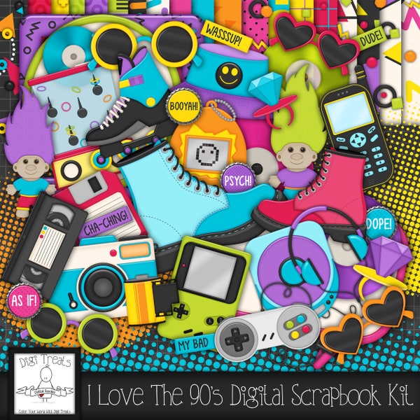 I Love The 90s Digital Scrapbook Kit.  1990s Themed Scrapbook Kit, Digital Papers, Clip Art, Word Tags and More. **INSTANT DOWNLOAD***