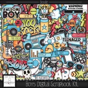 Boys Digital Scrapbook Kit.  Boys Themed Doodle Scrapbook Kit, Digital Papers, Clip Art, Word Tags and More. **INSTANT DOWNLOAD***