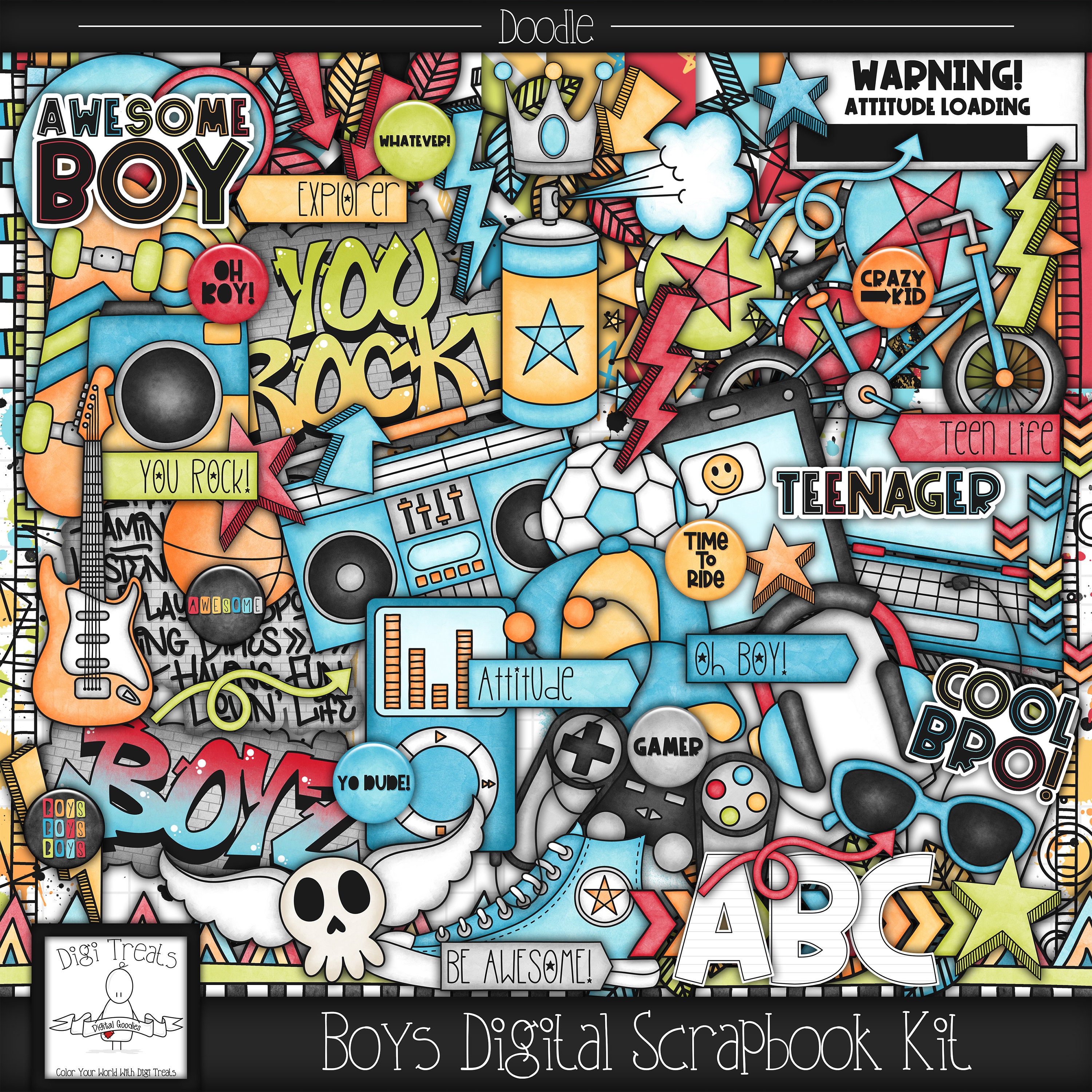 Boys Digital Scrapbook Kit. Boys Themed Doodle Scrapbook Kit, Digital  Papers, Clip Art, Word Tags and More. INSTANT DOWNLOAD 