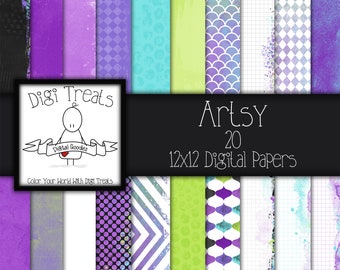 Artsy Digital scrapbook paper. scrapbooking papers, JPEG 12"x12", Colourful digital papers. INSTANT DOWNLOAD