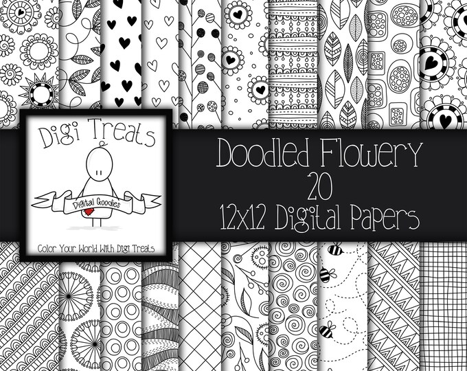Doodled Flowery Digital Scrapbook Paper. Scrapbooking Papers Etsy