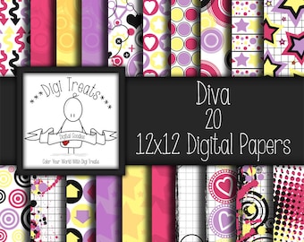 Diva Digital scrapbook paper. Scrapbooking papers, jpeg 12"x12", Girly Paper,Girls Scrapbook Paper. Instant Download*