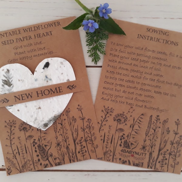 NEW HOME Plantable wildflower seed paper heart favour