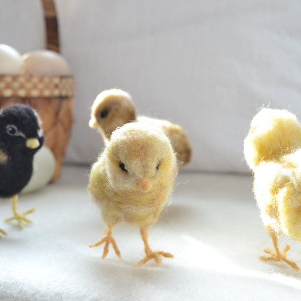 felted spring chicks. three needle felted wool chicks. yellow pastel decoration & gift. clutch of chicks. farm animals. nursery decoration.