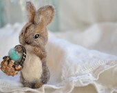 tiny easter rabbit. needle felted wool bunny rabbit. miniature felted animal. spring woodland. easter gift. basket with eggs. teals, green.