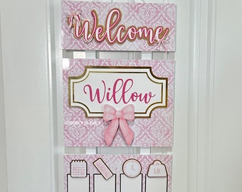 Bow Nursery Decor | Coquette Bow Baby Name Sign | Girl Bow Name Announcement | Pink Hospital Name Board | Welcome Sign | Pink Door Hanger