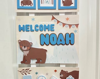 Bear Nursery Decor | Bear Baby Shower | Newborn Gifts | Baby Boy Bear Door Hanger | Boy welcome sign | Bear Hospital Decor | Name Sign