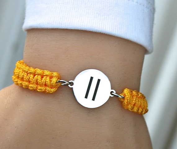 Pause Charm Macrame Bracelet, Stainless Steel, Adjustable Nylon Cord, C15