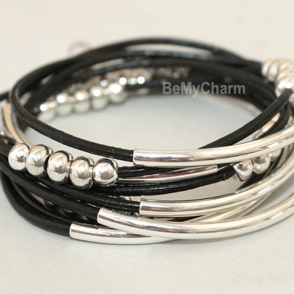 Leather Triple Wrap Boho Bangle Bracelet - Leather Wrap w/Silver accent Beads , Pick Color/Size, Tube Boho Bracelet, Gift For Her , 222