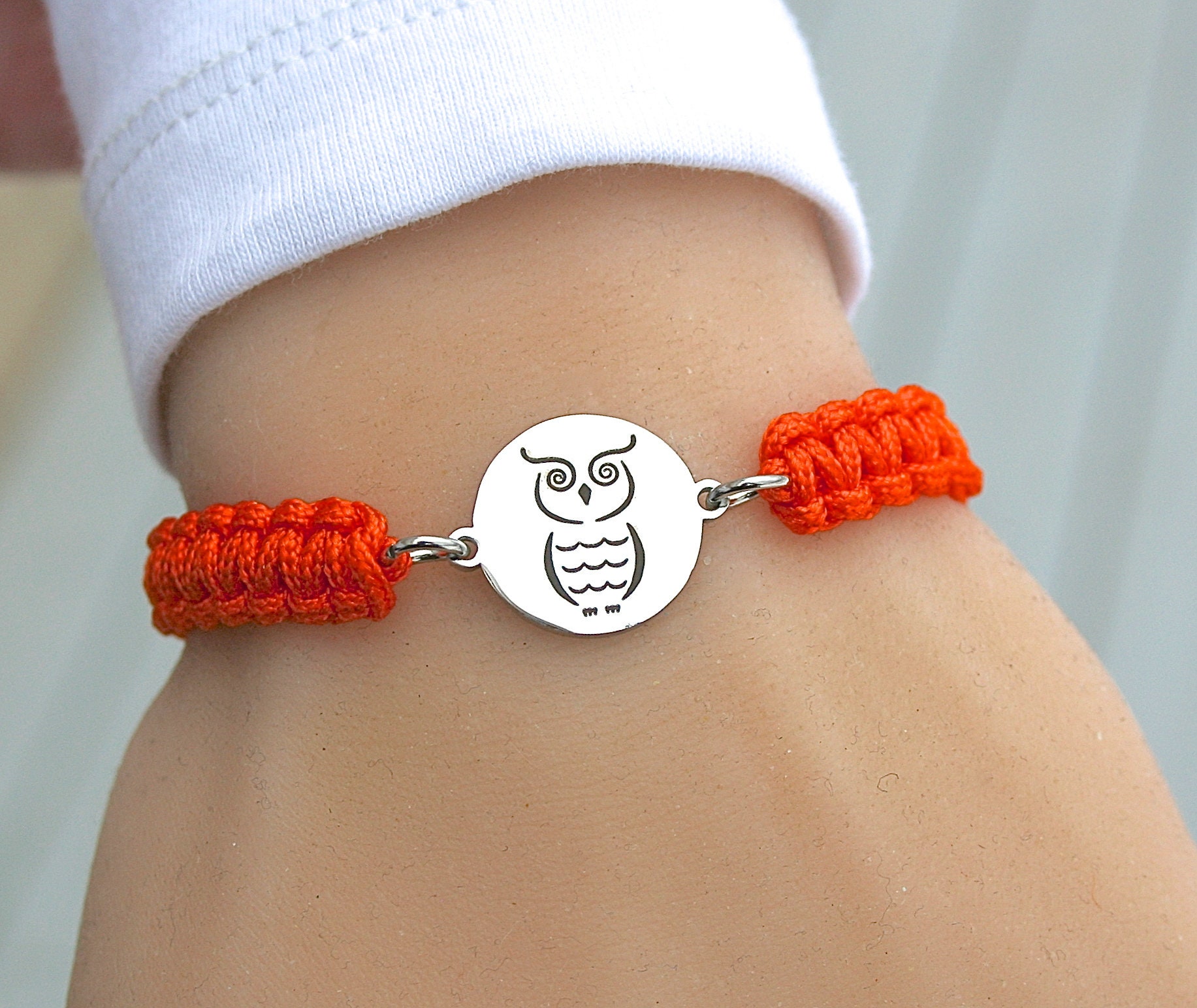 Owl Stainless Steel Charm Bracelet, Macrame Nylon Cord, Graduation Gift, Wise Owl ,C14