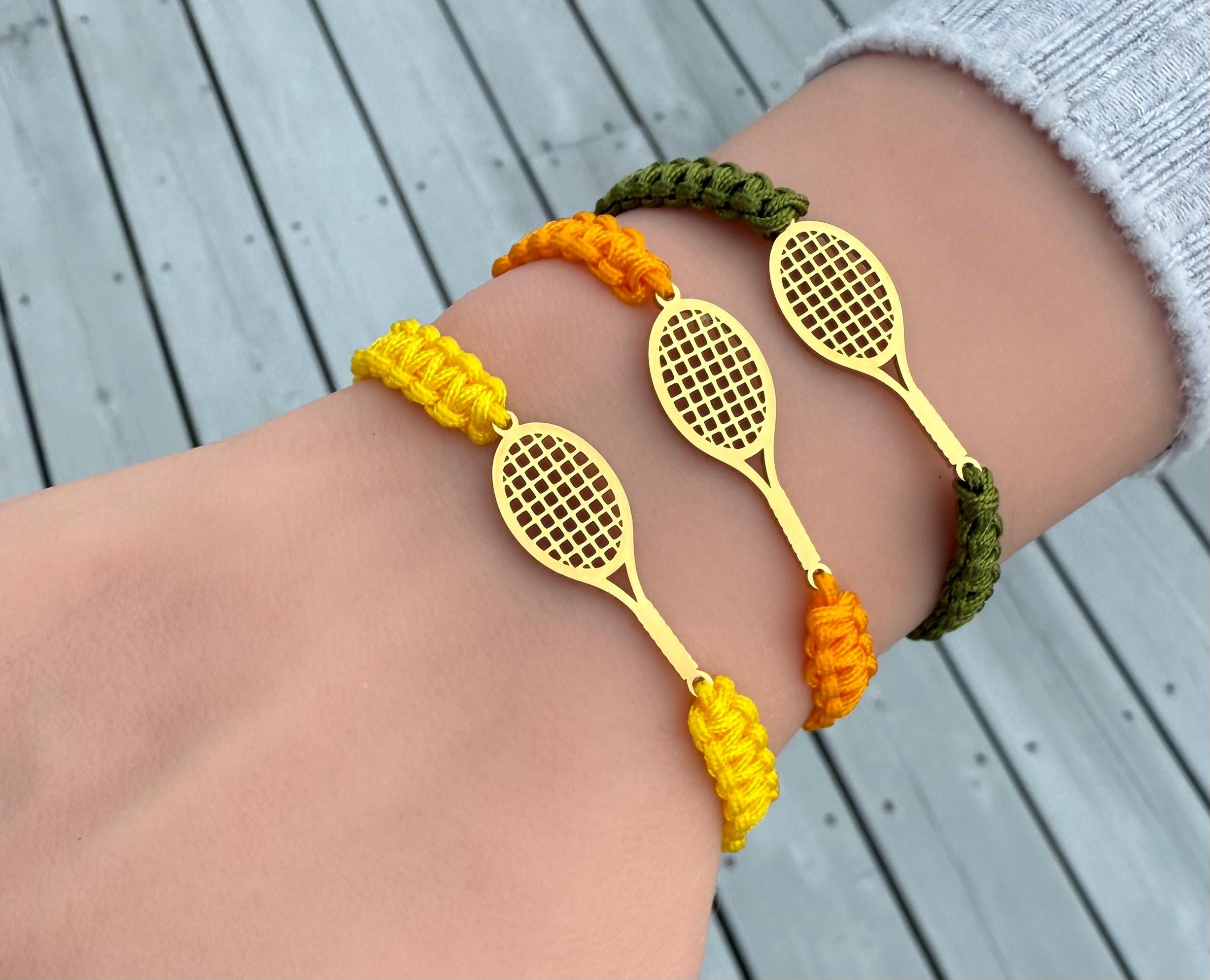 Gold Stainless Steel CharmTennis Racket Bracelet, Braided Cord…