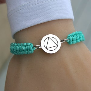 Sobriety Stainless Steel Bracelet, Durable Nylon Braided Bracelet, Sobriety Symbol Disc Minimalist Jewelry, Anniversary of Sobriety, C60