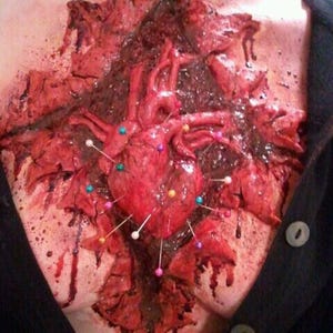 May include: A gory Halloween costume depicting an open chest wound with a visible heart. The heart is decorated with colourful pins, and the wound is detailed with blood and gore. The costume is worn over a black shirt.
