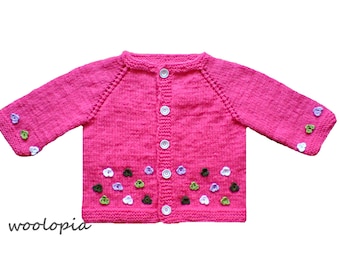 Hand Knitted Hot Pink Baby Cardigan, Crochet Flower Appliqués