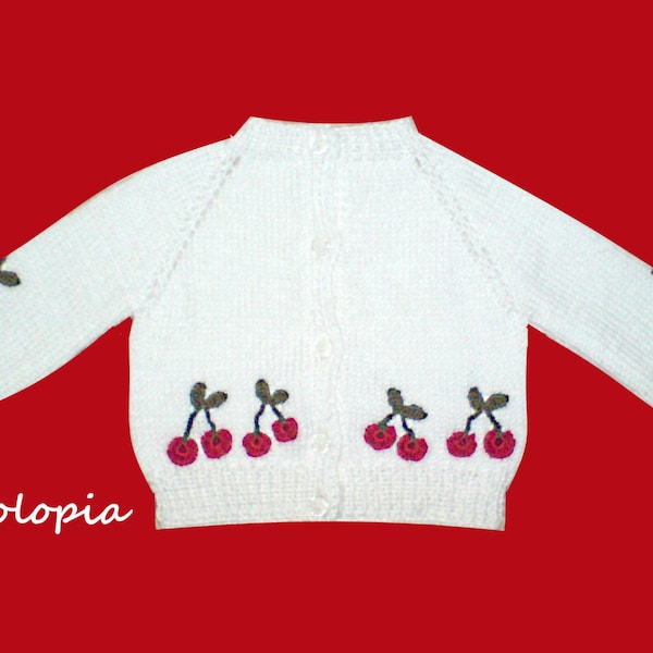 Handknitted baby cardigan/sweater,Handmade baby cardigan,White Baby jacket with cheries