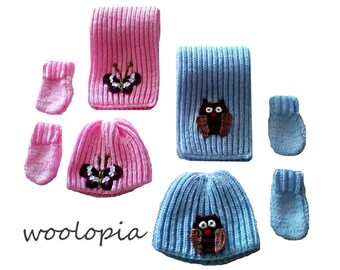 Handknit Baby Wool Hat, Gloves & Neckwarmer Set, Owl or Butterfly