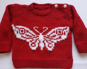 Hand Knitted Baby Cardigan: Red and White Butterfly, Newborn Gift