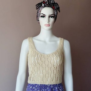 Tank top hand knit of cotton yarn. Cream Vanilla Ivory. Handmade image 7